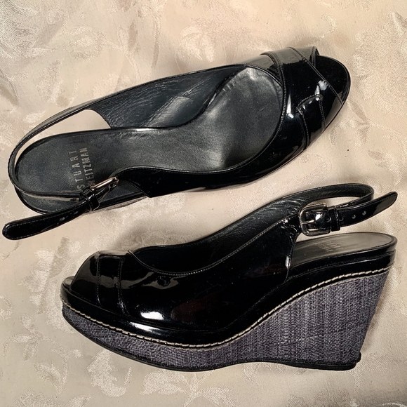 Stuart Weitzman Black Patent Leather Peeptoe Wedge - Picture 2 of 3